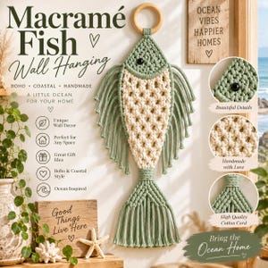 Patrón de macramé para colgar peces en la pared, decoración de pared bohemia costera en PDF, tutorial de arte textil náutico, bricolaje inspirado en el océano, guía de decoración para casas de playa.