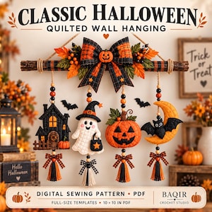 May include: A quilted wall hanging featuring a wooden branch with a plaid bow, orange pumpkin, and four hanging ornaments: a black house, a white ghost, an orange pumpkin, and a black bat on a crescent moon, all with beads and tassels.