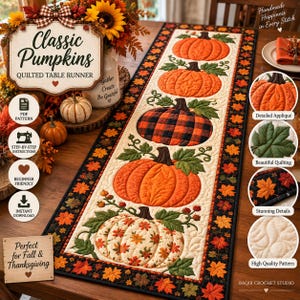 May include: A rectangular quilted table runner featuring a series of five pumpkins in various patterns, including orange, black and red plaid, and floral prints. The runner is bordered by a black fabric with a colourful autumn leaf pattern.