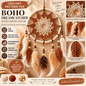 Könnte beinhalten: Eine Häkelanleitung als PDF für einen Traumfänger mit einem 30 cm Ring, komplexem Mandala-Geflecht in Creme und Terrakotta, natürlichen Holzperlen und fünf gehäkelten Blättern. Das Dokument enthält eine Schritt-für-Schritt-Anleitung.