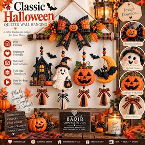 Mönster för Halloween-quiltad väggbonad i PDF-format, spökhus, pumpa, måne, applikationssömnadsmönster, direktnedladdning av höstdekorationer