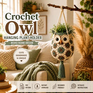 Häkelanleitung für einen Eulen-Pflanzenhänger, Hängeampel-Anleitung | Boho-Eulen-Pflanzenhänger (PDF), Häkeldeko für Zuhause, DIY-Pflanzenhalter für Zimmerpflanzen