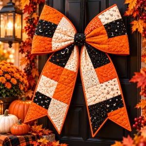 Könnte beinhalten: Eine große, gesteppte Stoffschleife mit einem Patchwork-Design in Orange, Schwarz und Creme. Der Stoff ist mit Mustern aus Sternen, Monden und himmlischen Motiven verziert. Die Schleife hat zwei breite Schlaufen und zwei lange, spitz zulaufende Enden.