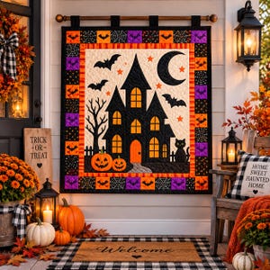 Könnte beinhalten: Ein rechteckiger Halloween-Wandbehang mit einem zentralen schwarzen Spukhaus, orangefarbenen Kürbissen, einer schwarzen Katze, Fledermäusen und einer Mondsichel. Der Rand besteht aus einem Patchwork-Muster in Orange, Lila und Schwarz.