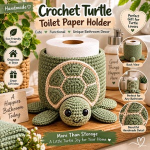May include: A sage green crochet turtle toilet paper holder with a textured shell pattern, a smiling face with black eyes, and four flippers. The holder is designed to contain a standard roll of toilet paper within its cylindrical body.