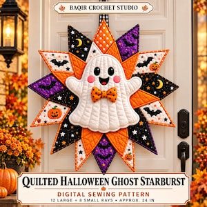 May include: A quilted starburst wall hanging featuring a central white ghost with pink cheeks and an orange polka dot bow tie. The star points alternate between orange, black, and purple fabrics decorated with bats, pumpkins, stars, and moons. Text reads BAQIR CROCHET STUDIO and QUILTED HALLOWEEN GHOST STARBURST DIGITAL SEWING PATTERN 12 LARGE + 8 SMALL RAYS APPROX. 61 CM.