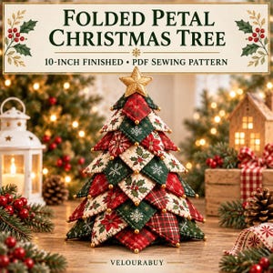 May include: A 10-inch finished folded petal Christmas tree PDF sewing pattern. The tree is constructed from quilted fabric pieces in red, green, and cream featuring holly, poinsettia, and snowflake prints, topped with a gold fabric star.