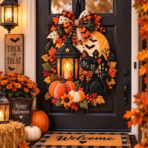 May include: A Halloween door wreath featuring a black cat, a lantern with a glowing candle, pumpkins, and autumn leaves. The wreath is adorned with a large plaid bow and a circular background depicting a moonlit scene with bats and a house silhouette.