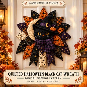 Black Cat Halloween Wreath Sewing Pattern PDF, Quilted Door Hanger, Witch Cat Moon Decor, Printable Digital Download