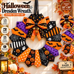 Halloween-Kranz-Nähvorlage (PDF), gesteppter Dresdner Stoffkranz, gruseliger Türhänger mit Schleife, Sofort-Download