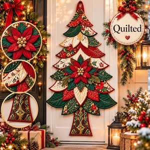 Nähanleitung für einen gesteppten Weihnachtsbaum (PDF), Wandbehang aus Stofflagen in Baumform, Weihnachtsstern-Quiltmuster, Festtagsdekoration
