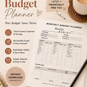 Könnte beinhalten: Ein druckbarer monatlicher Budgetplaner mit minimalistischem Design. Der Planer enthält Abschnitte zur Verfolgung von Einnahmen, Ausgaben und Ersparnissen, mit Aufforderungen zur Festlegung von Zielen und zur Entwicklung besserer Finanzgewohnheiten.