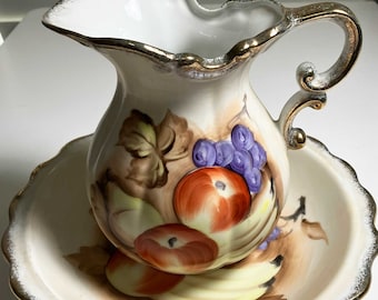 Enesco Hand Painted Water Pitcher and Basin Bowl-Bananas, Grapes, Apples, Pear Vintage
