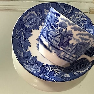 Small Enoch Wood Deft Blue Look Teacup and Saucer Set-Made in England-Blue and White Transferware