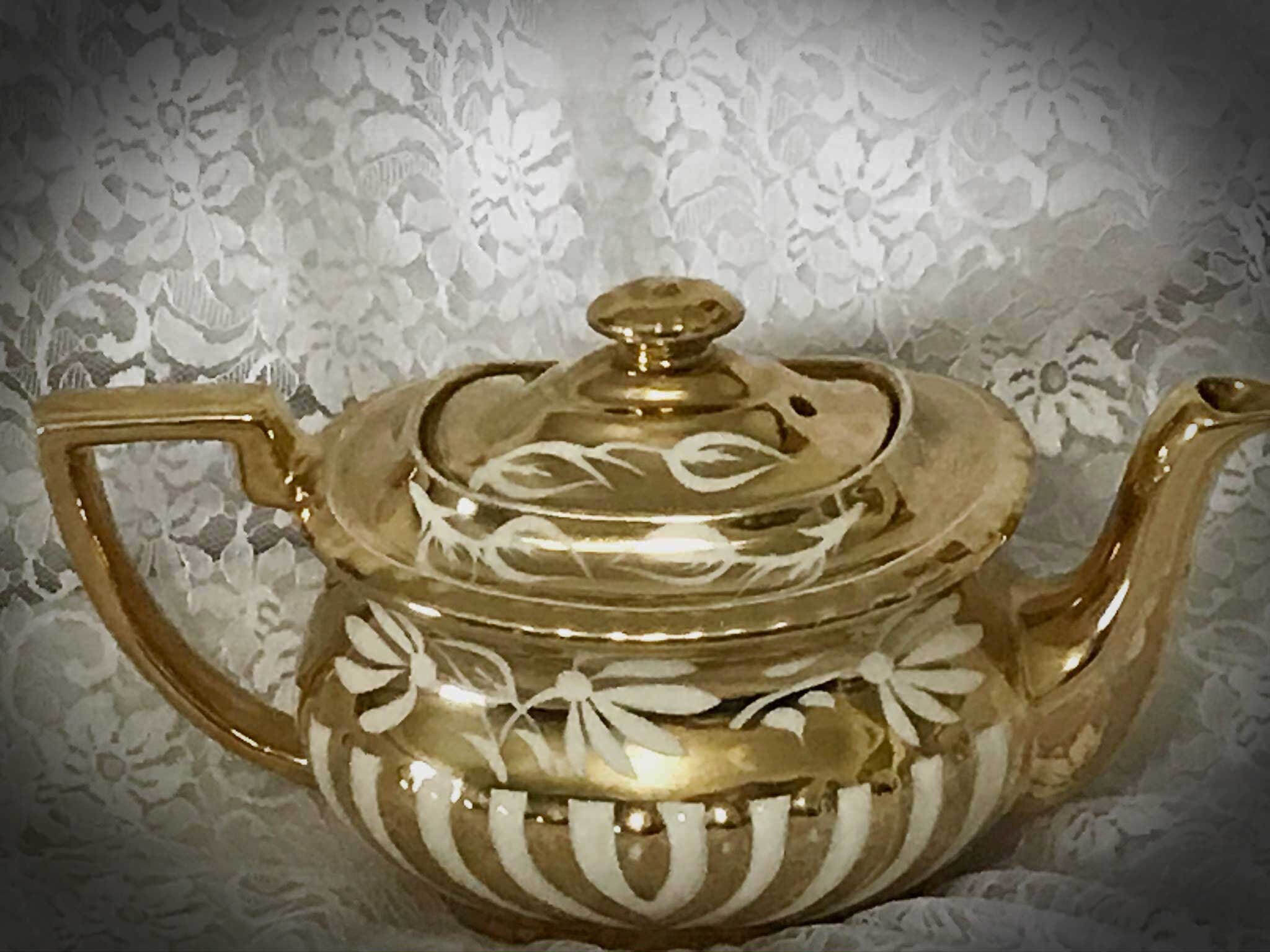 Antique Gibsons England Ceramic Gold Teapot with White Floral