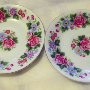 Può includere: Due piattini in ceramica bianca con un motivo floreale. Il design presenta rose rosa, nontiscordardimé blu e fiori viola disposti a cerchio sui bordi e al centro. I bordi sono rifiniti con oro.