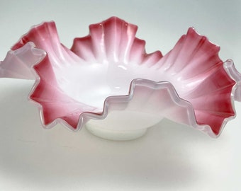 Fenton White With Pink Ruffled Vase Hand Blown