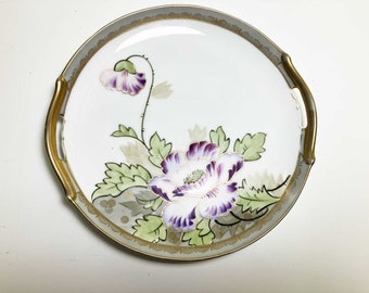 Meito China, Made in Japan, 9.75 inch Hand Painted Serving Tray or Collectible and Decorative Plate Purple Flowers Gold Trim