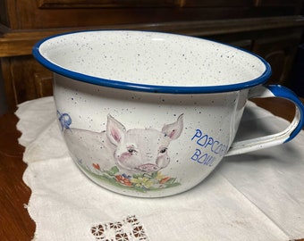 Hand Painted Enamelware Pot Popcorn Bowl with Blue Trim