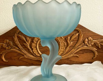 Vintage Frosted Blue Glass Tulip Compote Lotus Blossom Indiana Glass Tall Candy Dish