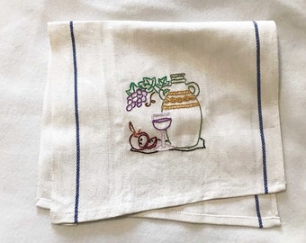 Wine, Apple, and Jug Theme Kitchen Towel Hand Embroidered