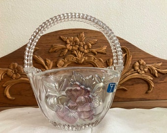 Vintage Clear Glass Fruit Decorative Basket - Apple, Grapes, Pear, Strawberries With Color Highlighting