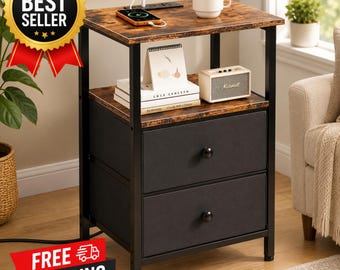 Nightstand with Charging Station – Bedside Table with 2 Drawers & USB Ports