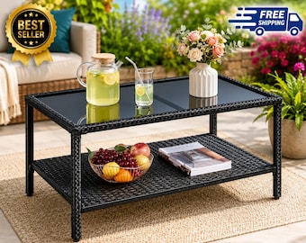 Outdoor Wicker Storage Side Table – Rattan Patio Coffee Table Black