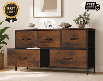 5 Drawer Dresser TV Stand – Fabric Storage Organizer with Wood Top