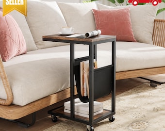 C Shaped End Table Rolling Side Table Rustic Brown