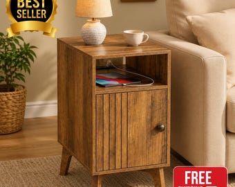 End Table with Charging Station Narrow Nightstand for Small Spaces