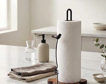 Wooden Paper Towel Holder with Bird Spring Decor Floral Base Dual Iron Rods