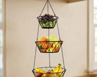 3 Tier Hanging Fruit Basket Modern Bronze or Black Matte Finish Adjustable Chain