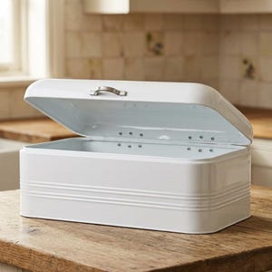 Metal Bread Bin White with Silver Handle Large Capacity 16.3 Inch Kitchen Storage