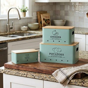 Set of 3 Vegetable Storage Containers Metal with Bamboo Lids for Potatoes Onions Garlic