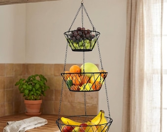 3 Tier Hanging Fruit Basket Modern Bronze or Black Matte Finish Adjustable Chain