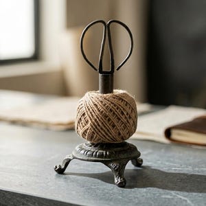 May include: A decorative twine dispenser with a dark metal finish. The dispenser features a spool of natural-colored twine held by a scissor-shaped top. The base has an ornate, three-legged design, suitable for a craft room or office.