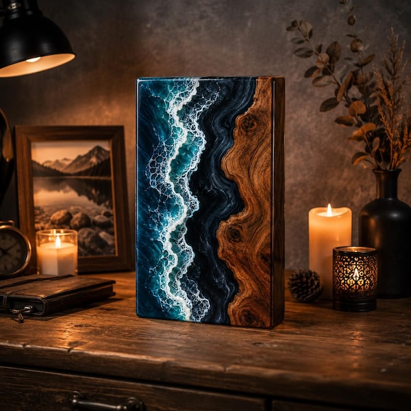 Decoración artística de madera y resina oceánica / Arte mural de epoxi con olas costeras, borde natural hecho a mano