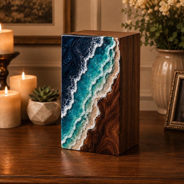 Urna funeraria artesanal de madera y resina marina – Urna conmemorativa costera para cenizas