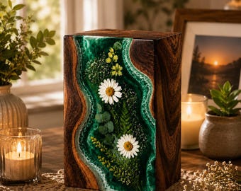 Wooden Urn Box with Green Resin Floral Inlay | Cremation Memorial Keepsake