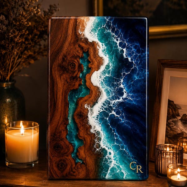 Urna funeraria Blue Resin River - Urna conmemorativa de madera hecha a mano, caja para cenizas humanas y de mascotas