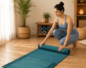 Handwoven Cotton Yoga Mat with Tassels, Boho Meditation Mat, Eco Friendly Yoga Rug, Handmade Floor Mat, Thick Cotton Workout Mat