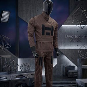 May include: A brown jumpsuit with black detailing and white stitching is displayed on a mannequin. The jumpsuit features a high collar, long sleeves, and the letter "H" in black on the chest. The trousers have black patches on the knees.