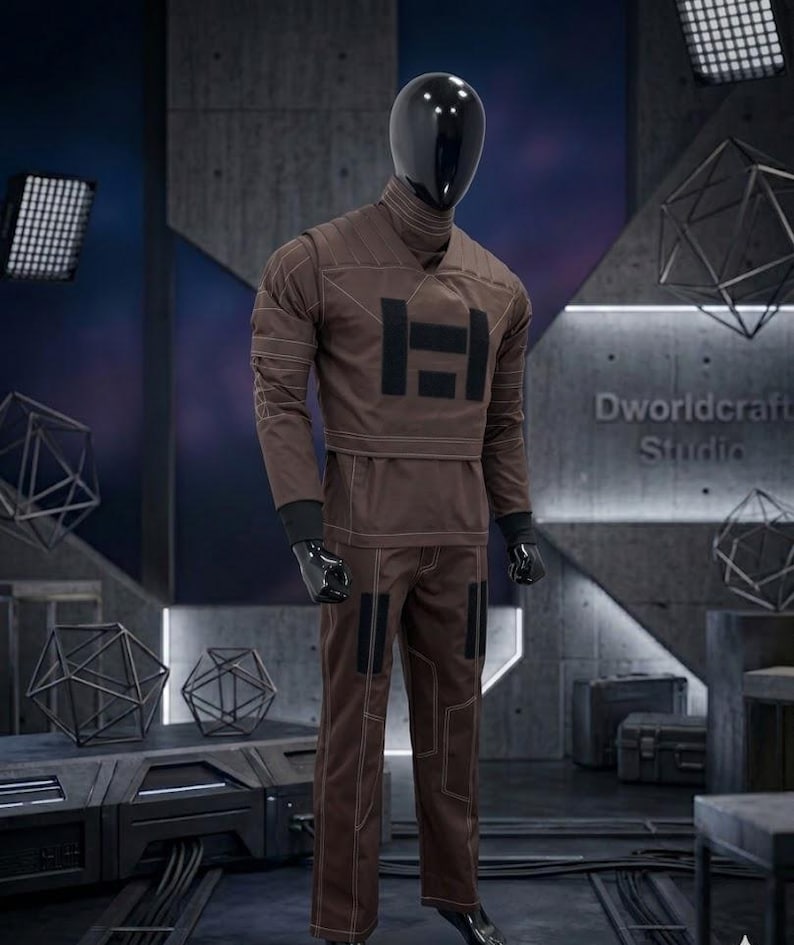 May include: A brown jumpsuit with black detailing and white stitching is displayed on a mannequin. The jumpsuit features a high collar, long sleeves, and the letter "H" in black on the chest. The trousers have black patches on the knees.