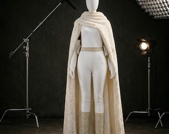 Padmé Amidala Geonosis Cosplay: Star Wars White Arena Jumpsuit, Cape, and Belt Set