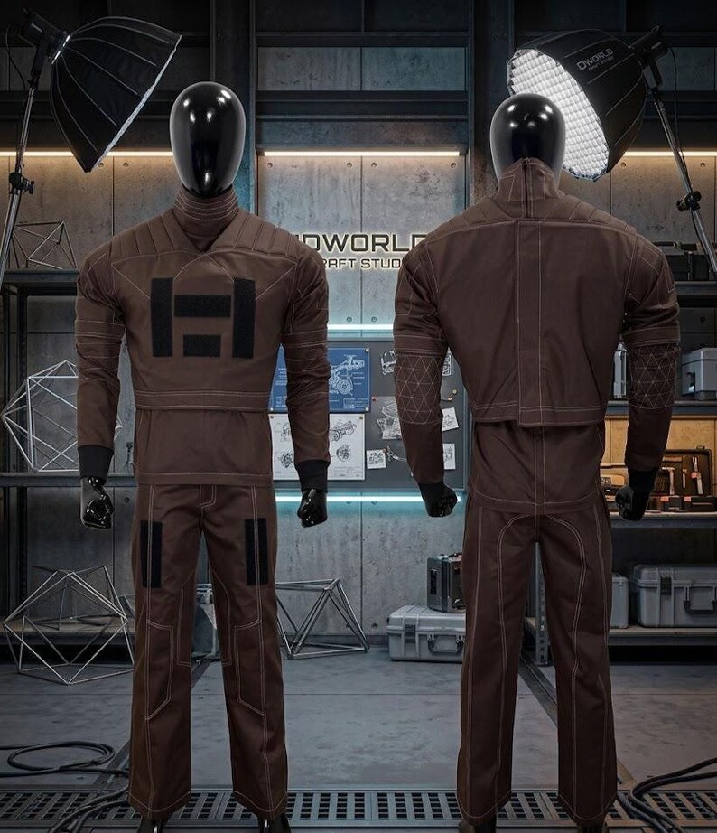 May include: Two mannequins showcase a brown jumpsuit with black details and white stitching. The jumpsuit has a high collar, a large black "H" on the chest, and geometric patterns on the shoulders. The mannequins are in a workshop setting.