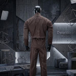 May include: A brown jumpsuit with white stitching and geometric patterns on the shoulders and sleeves. The outfit is displayed on a mannequin with a black head and gloves. The background features geometric shapes and the text "Dworldcraft Studio".