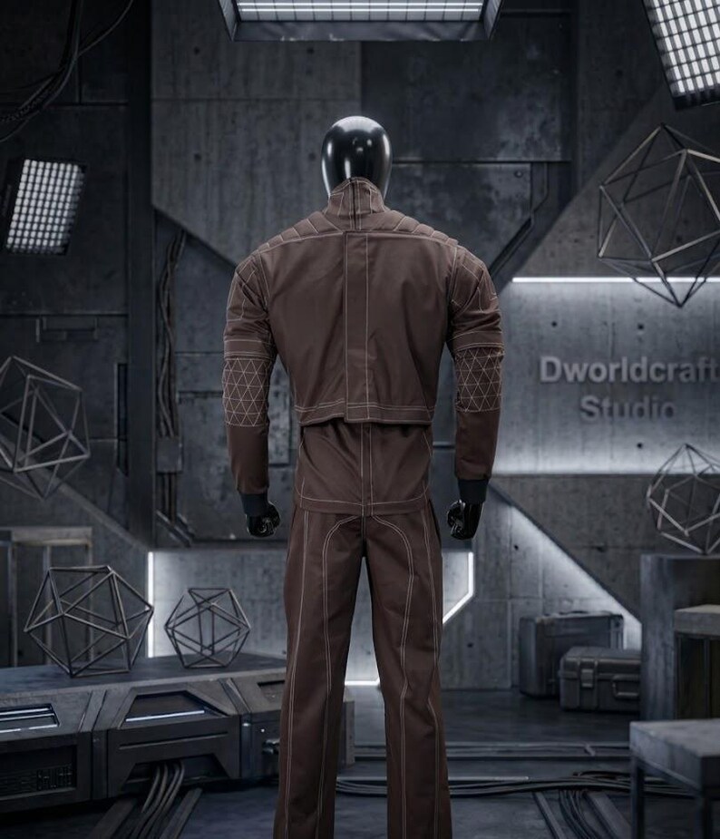 May include: A brown jumpsuit with white stitching and geometric patterns on the shoulders and sleeves. The outfit is displayed on a mannequin with a black head and gloves. The background features geometric shapes and the text "Dworldcraft Studio".