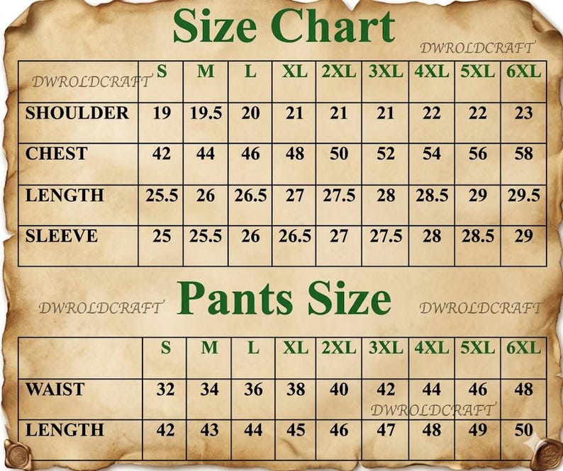 May include: Size chart for clothing, featuring measurements for shoulder, chest, length, and sleeve. Also includes pants size measurements for waist and length. Sizes range from S to 6XL.