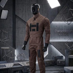 May include: A brown jumpsuit with black detailing and the letter "H" on the chest, presented on a mannequin. The outfit has a high collar, quilted sections, and black gloves. The background features geometric shapes and studio lighting.
